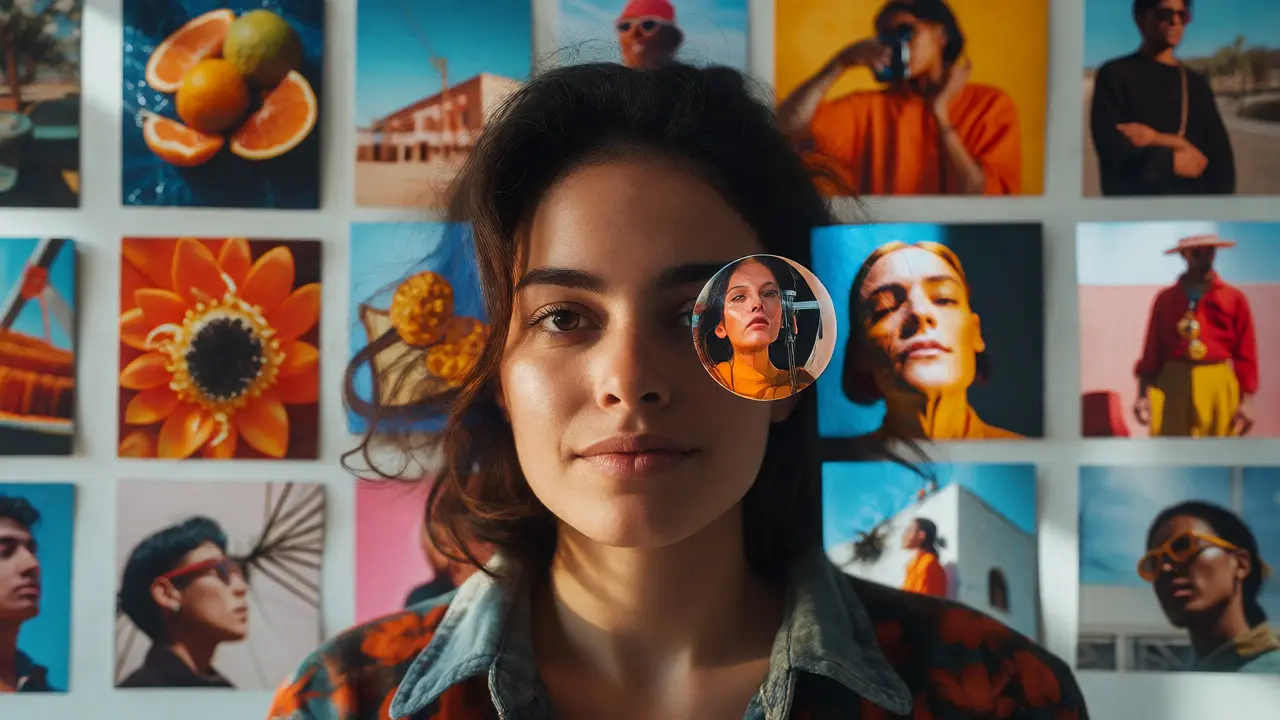 Double exposure of a photographer's face blended with a cohesive grid of varied portfolio images showing visual consistency.