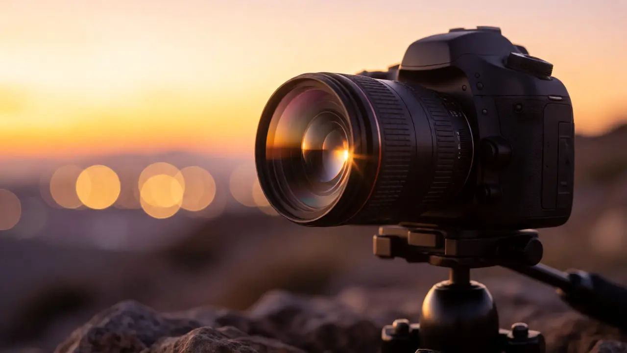 DSLR camera on a tripod capturing a sunset, reflecting warm light on the lens.