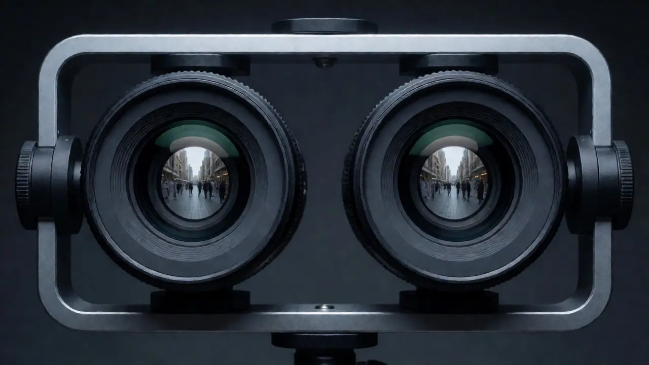 Dual camera lenses on a stereo bar rig