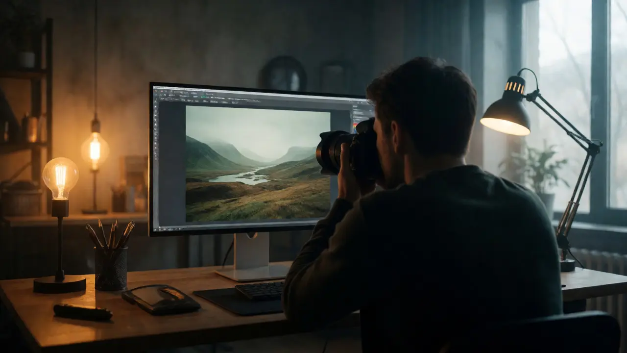 Editor working in studio with mixed warm and cool lighting