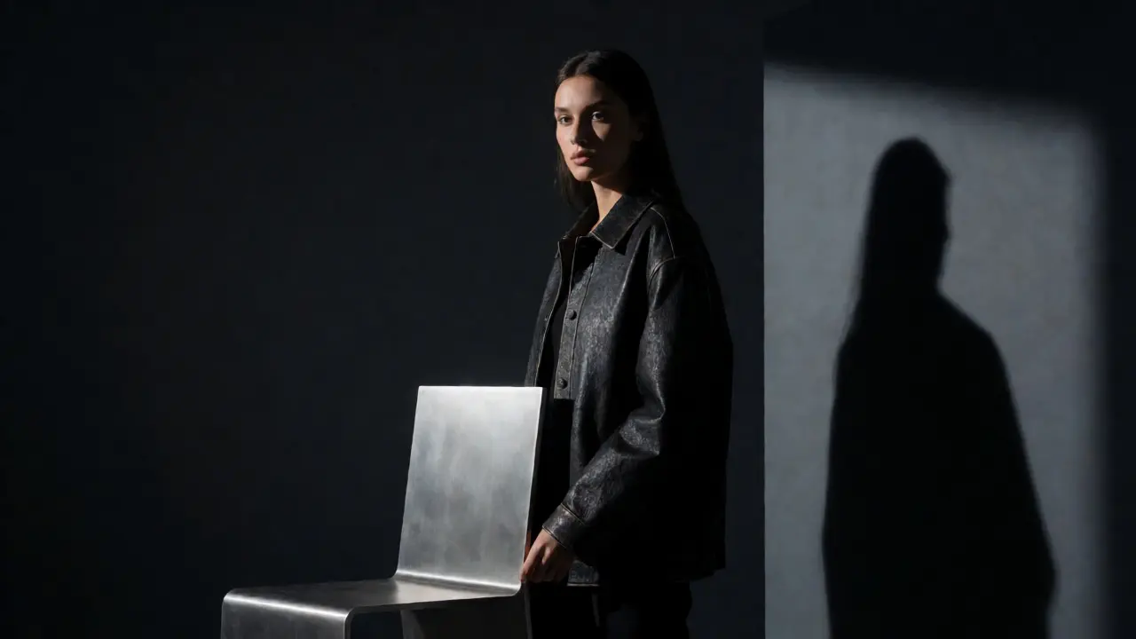 Fashion model posing with metal chair against dark gray studio background
