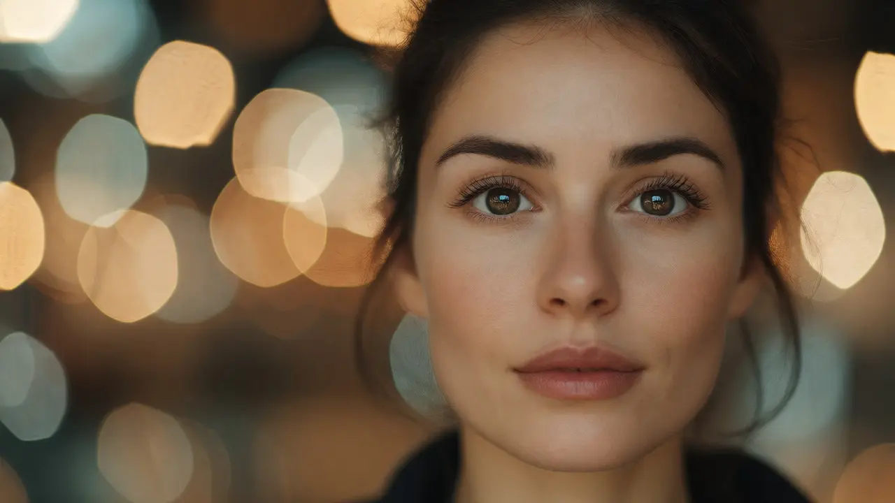 Flattering portrait with creamy bokeh and compressed background created by an 85mm lens at wide aperture.