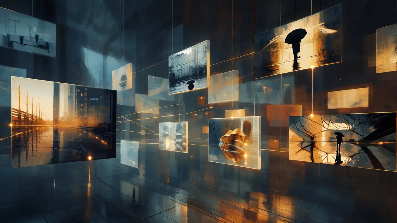 Floating photo frames connected by glowing threads in a conceptual space