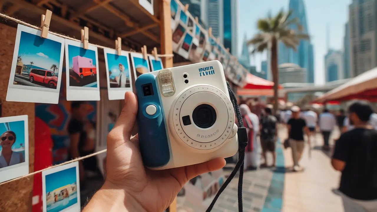 Fujifilm Instax camera held up against a vibrant urban cityscape