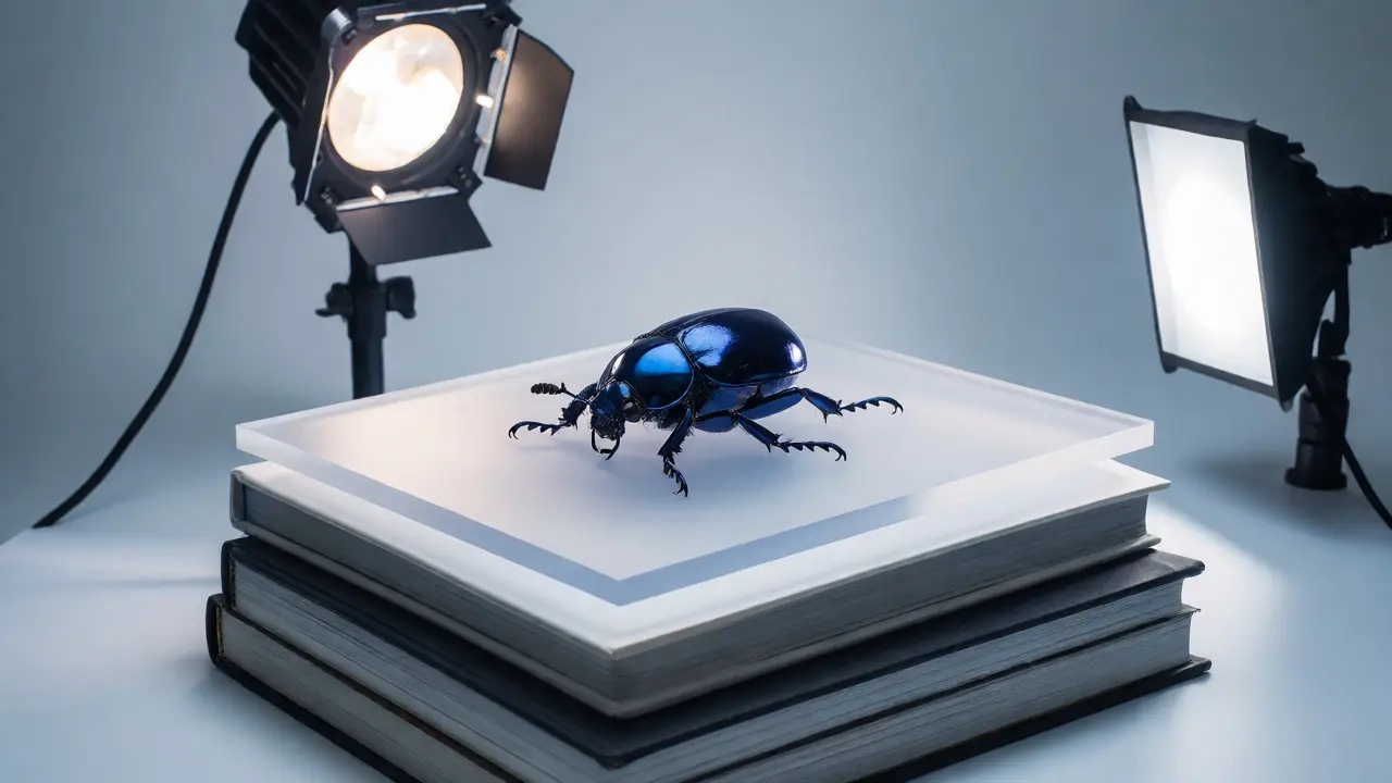 Glossy beetle on frosted glass with controlled LED lighting and book risers