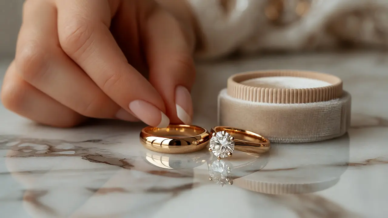 Gold wedding rings held by hand on marble