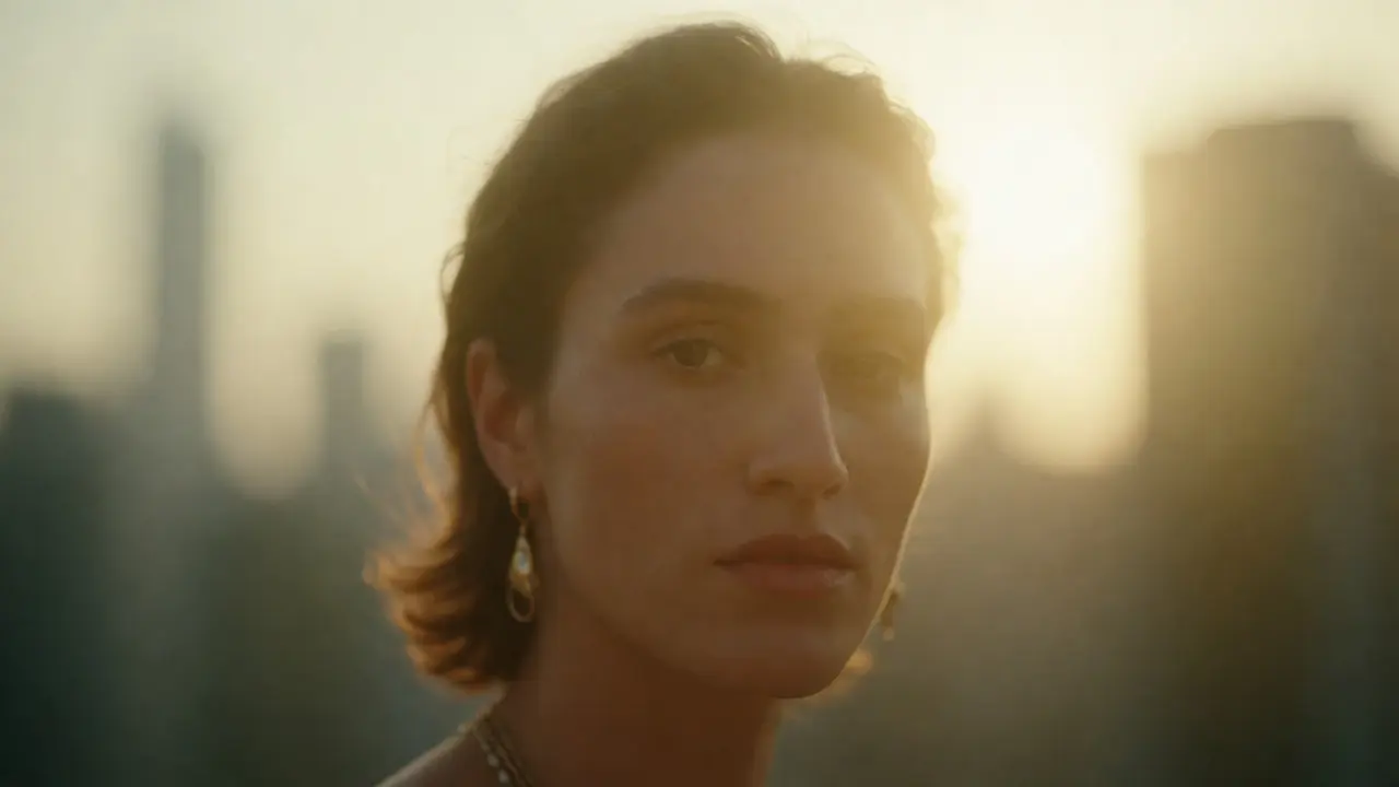 Golden hour portrait with soft, dreamy skin tones and glowing highlights.