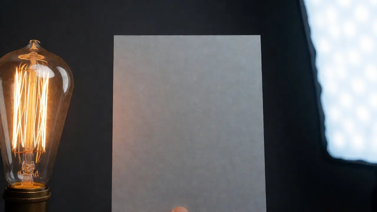 Gray card held between warm Edison bulb and cool LED light sources