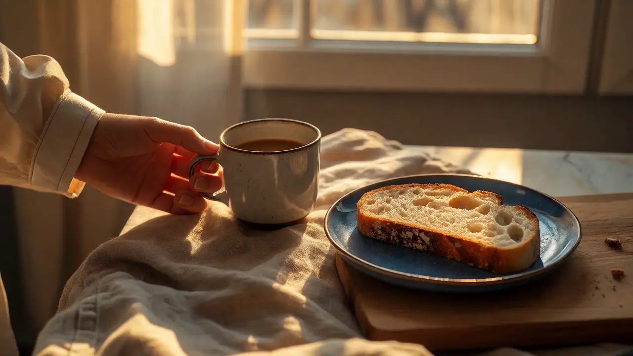Hand holding coffee mug beside sourdough on blue plate