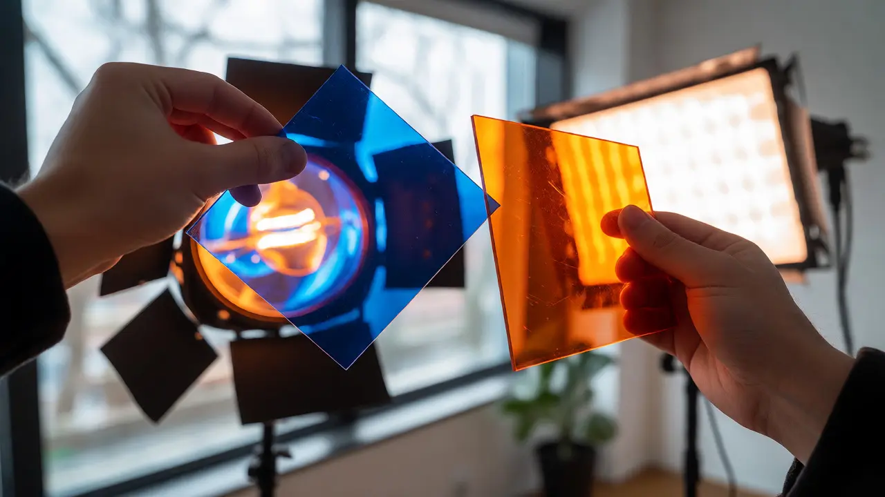 Hands applying blue and orange gels to LED and tungsten lights