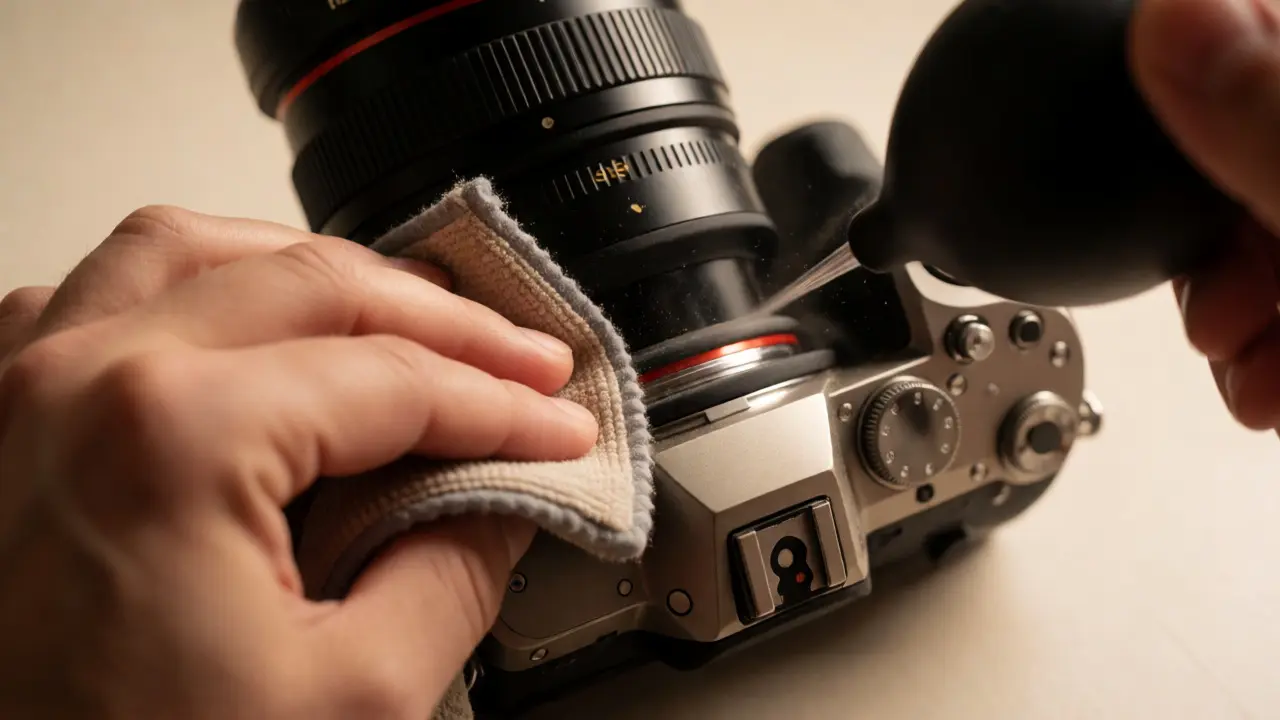 Hands cleaning camera gaskets and seals with microfiber cloth