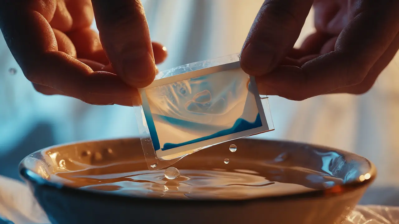 Hands performing an emulsion lift on instant film over a bowl of water