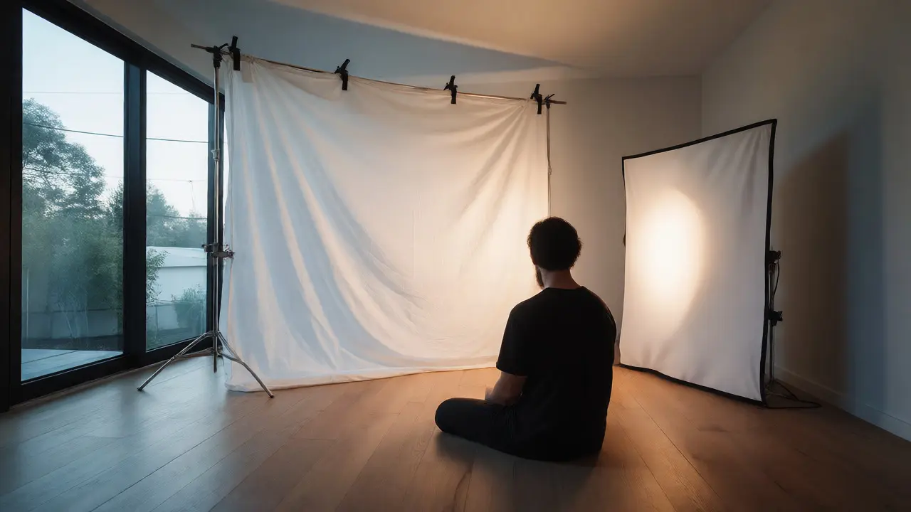 Home studio setup using a bedsheet softbox and foam board reflector.