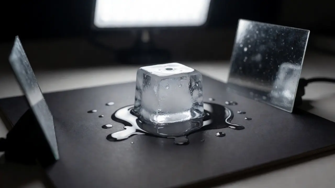Ice cube melting under studio lights with water droplets