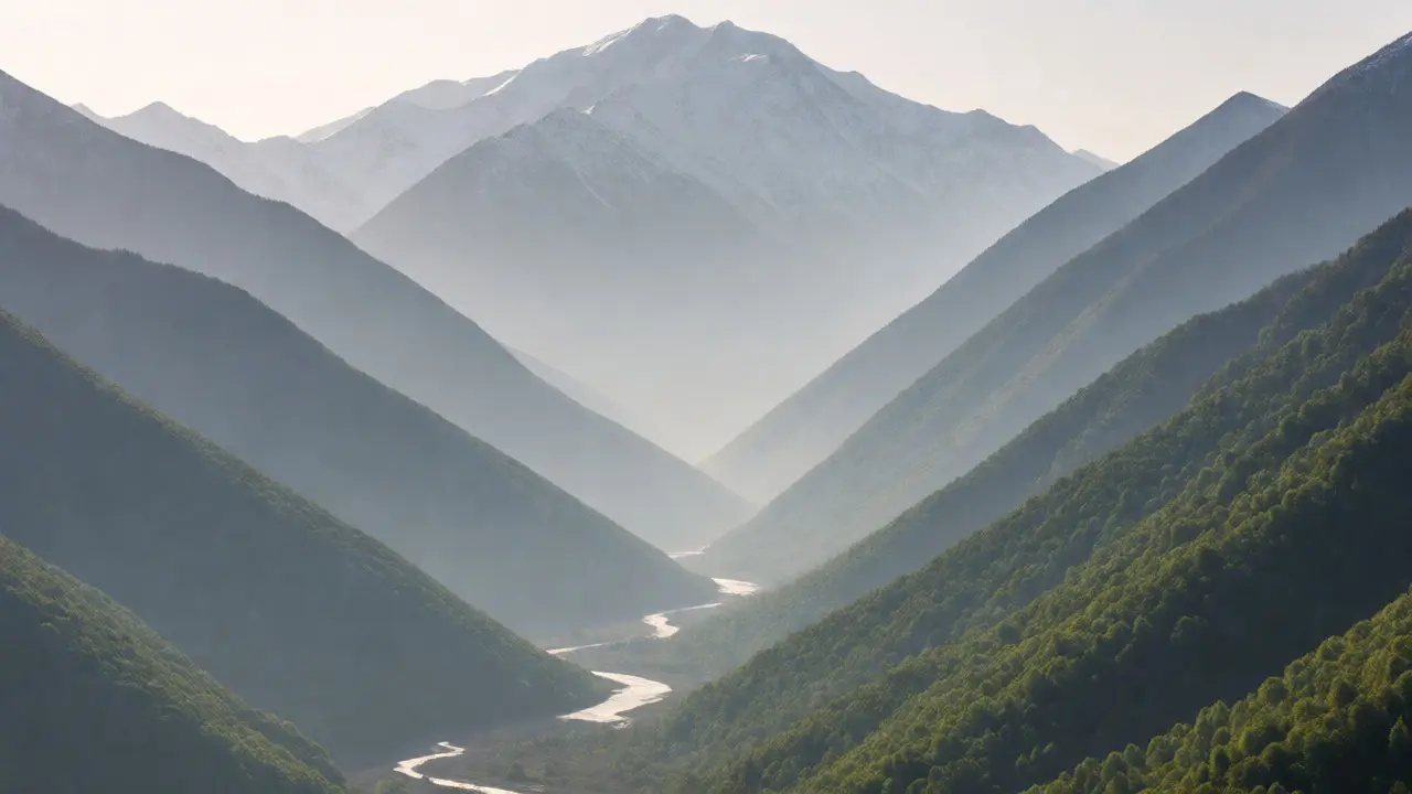Layered mountain ridges compressed by telephoto lens with river