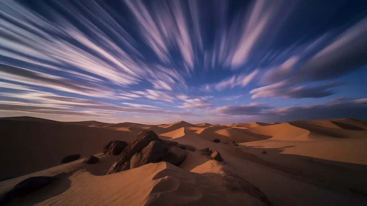 Long-exposure desert landscape with streaked clouds and sharp foreground rocks.