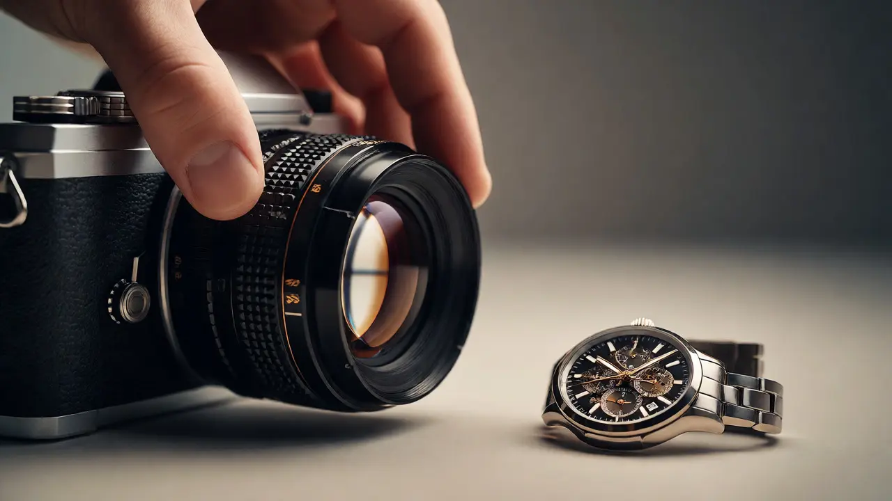 Macro shot of a camera lens focused sharply on a watch face to demonstrate depth of field control.