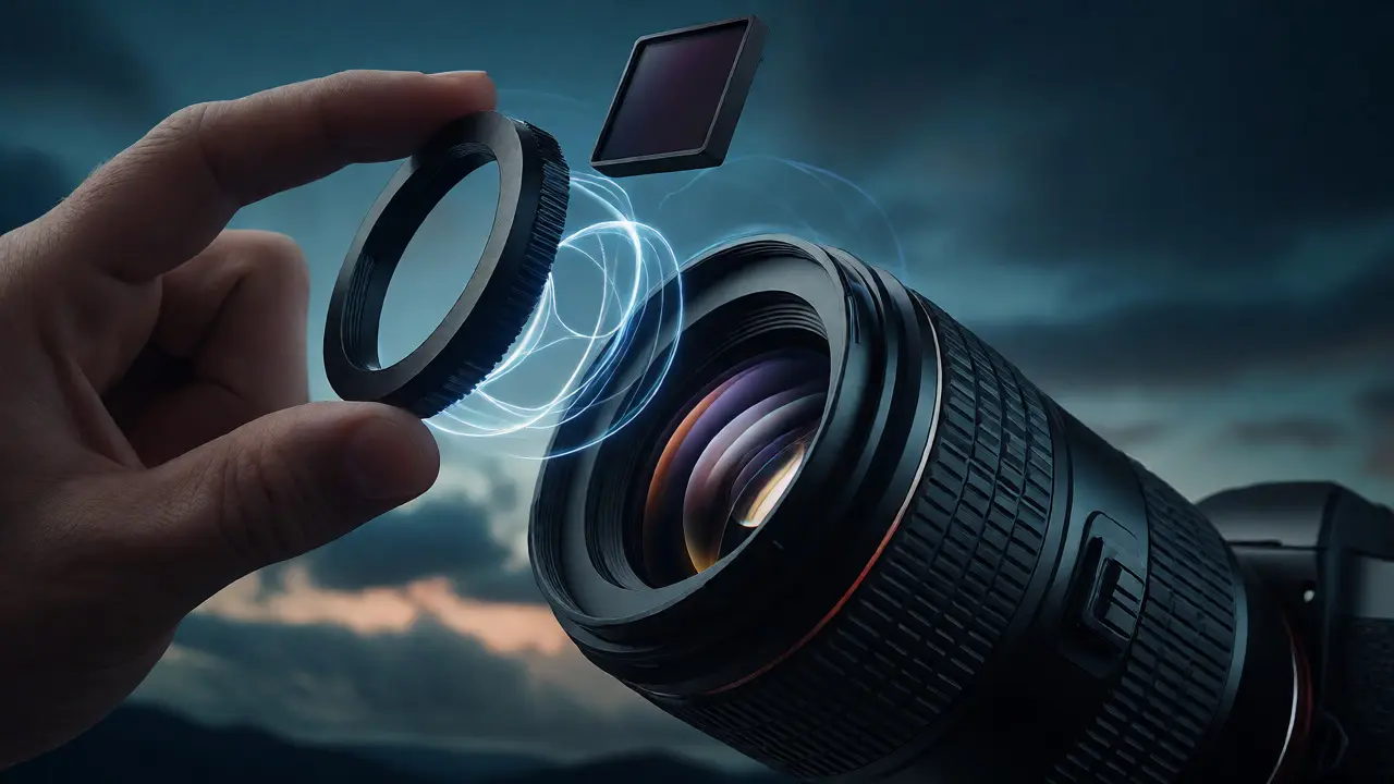 Magnetic filter snapping onto a lens adapter ring with visualized magnetic attraction fields.