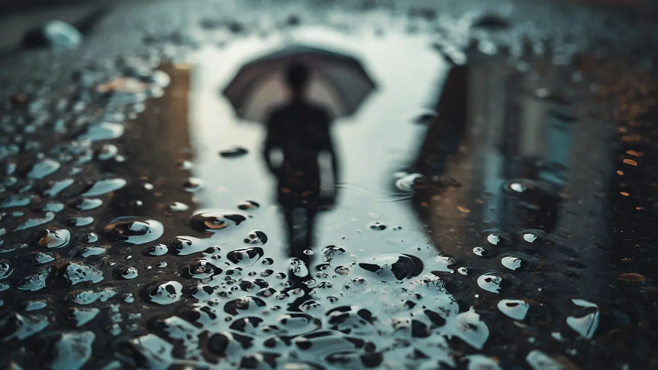 Melancholic reflection of a person with an umbrella in a rain puddle