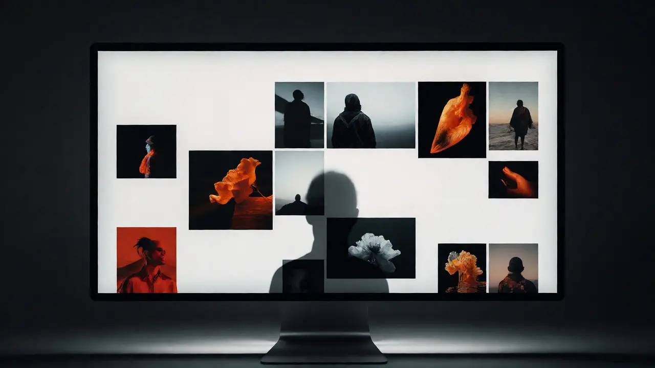 Minimalist digital portfolio grid on a glowing monitor