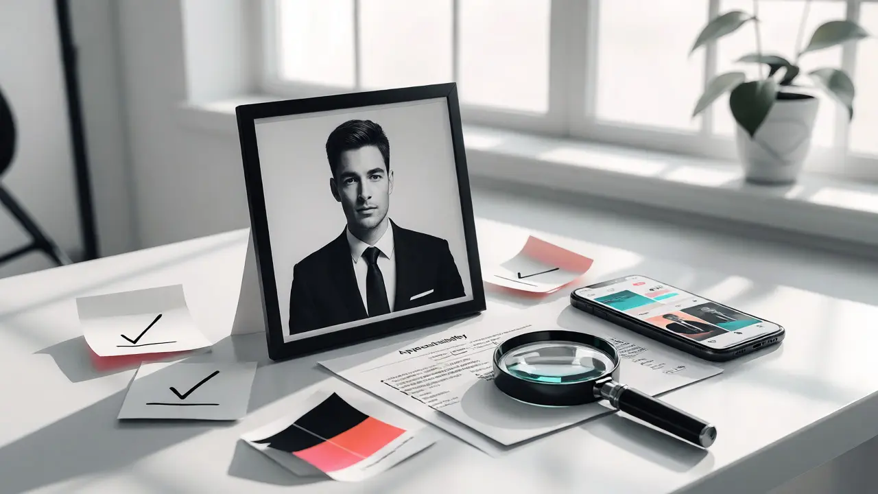 Minimalist still life of a corporate headshot print surrounded by feedback notes and a phone showing a branded social feed.