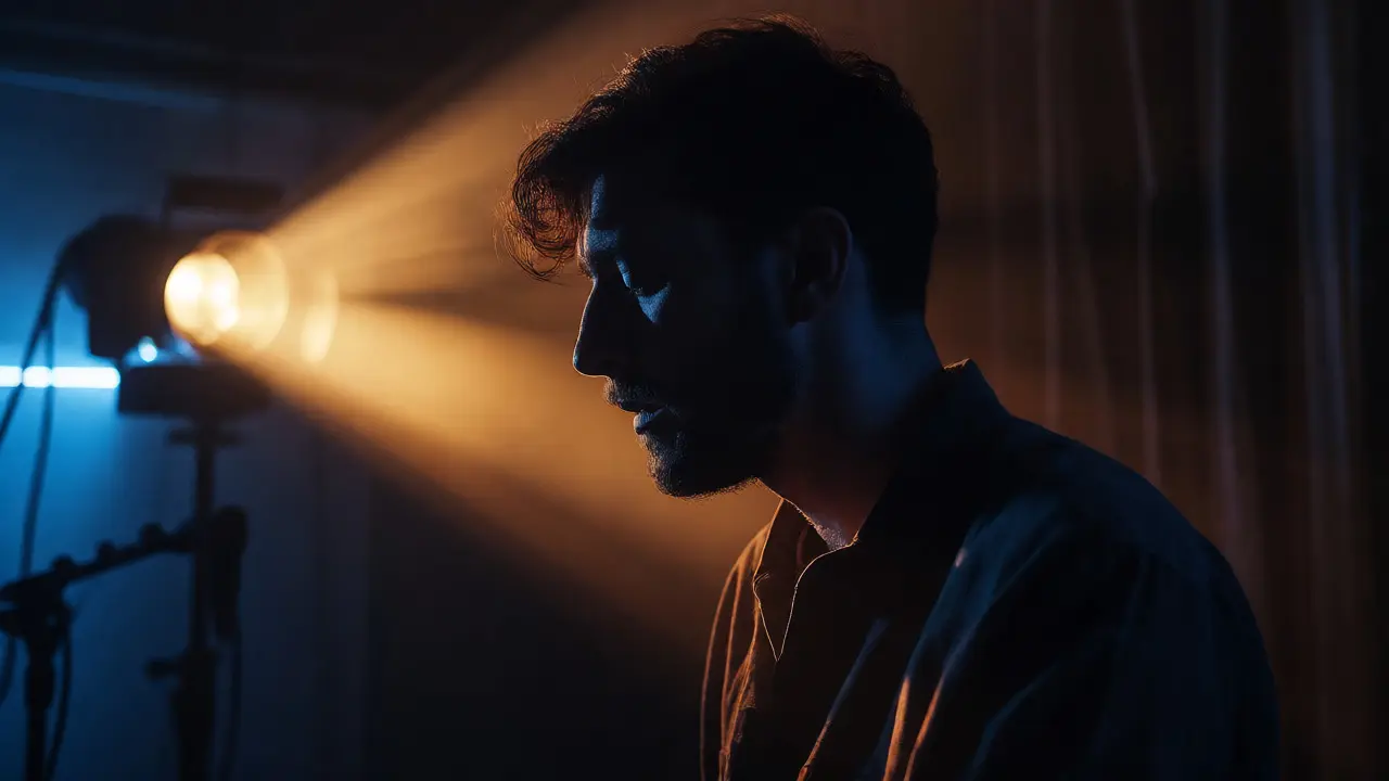 Musician in a dim studio lit by dramatic side lighting with deep shadows.