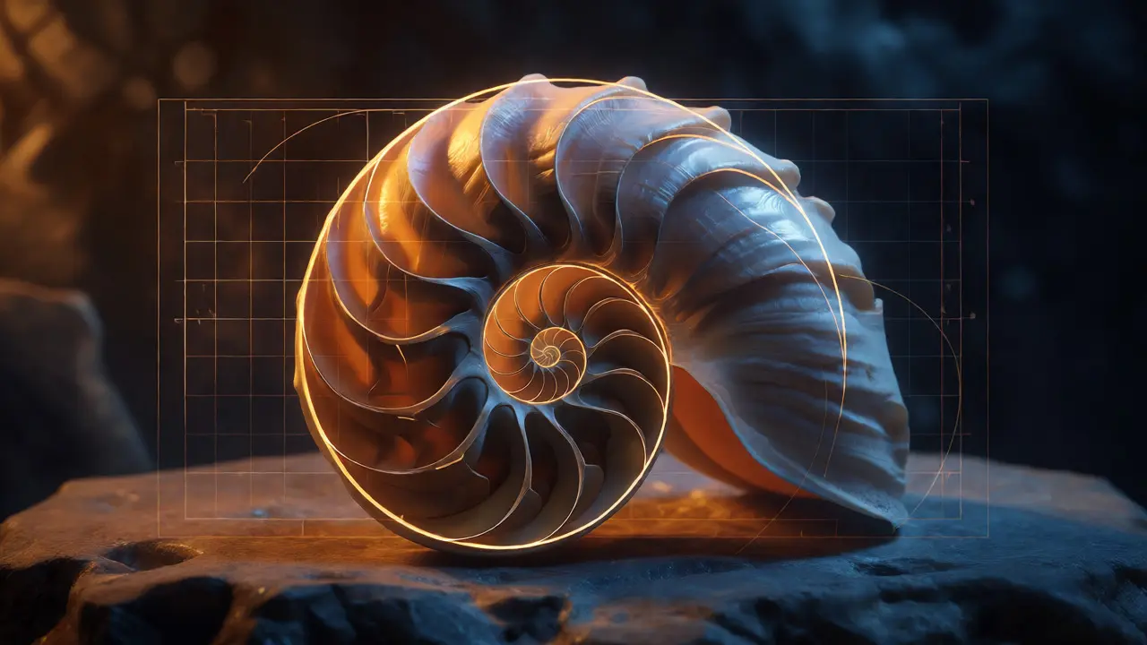 Nautilus shell overlaid with a golden logarithmic spiral diagram