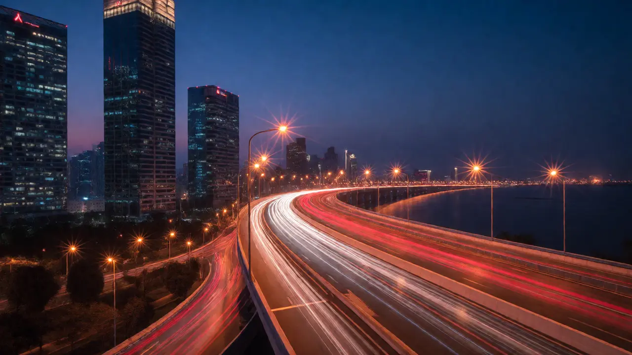 Night cityscape with curved highway light trails and sharp skyscrapers.