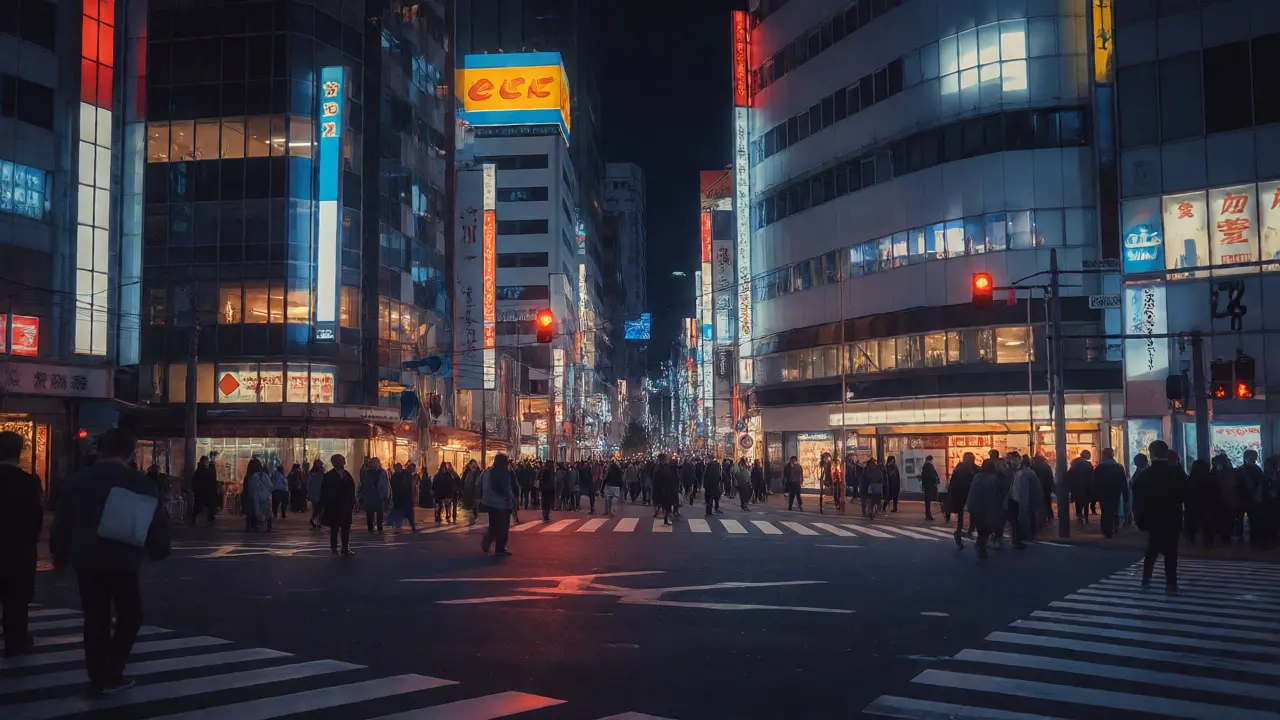 Nighttime city street scene with balanced neon lights, deep shadows, and film grain texture