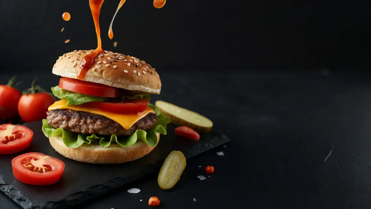 Off-center burger stack with sauce pour on dark slate board
