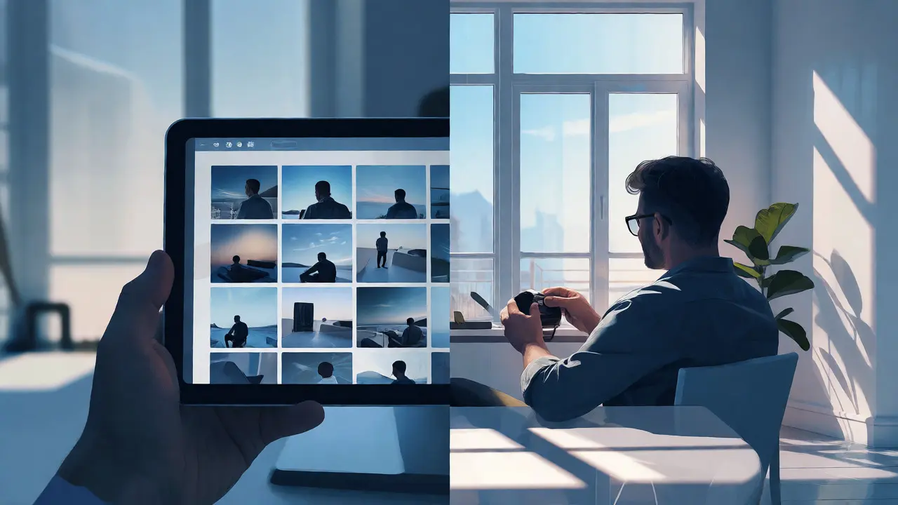 Person reviewing photo gallery on tablet in a bright, minimalist room