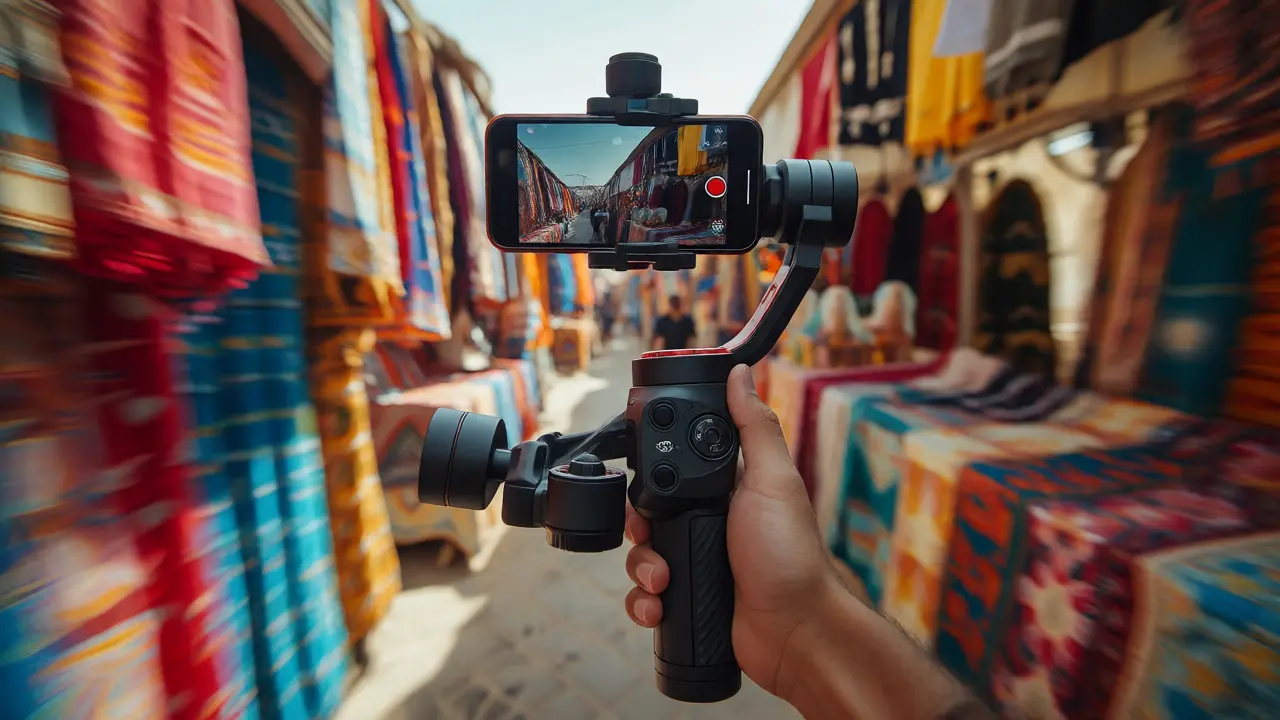 Person using gimbal stabilizer in busy market