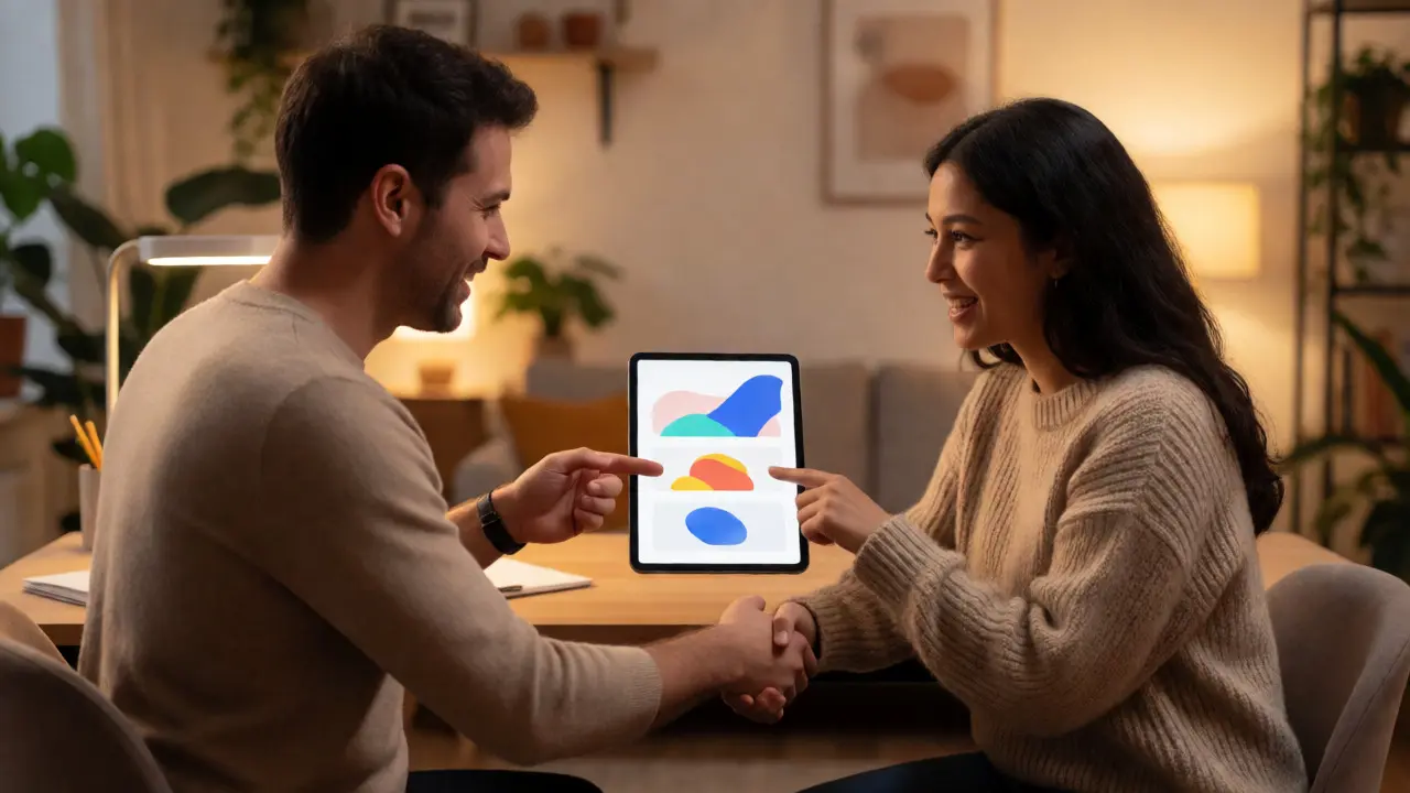 Photographer and client discussing options on a tablet warmly