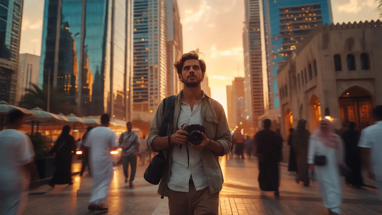 Photographer capturing street scenes in Dubai during golden hour with compact camera