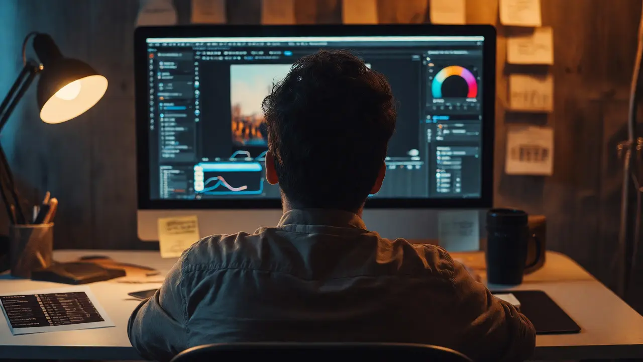 Photographer editing photos on a computer with a film-like aesthetic