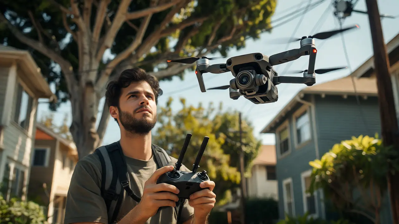 Photographer flying a compact drone near trees in a residential neighborhood.