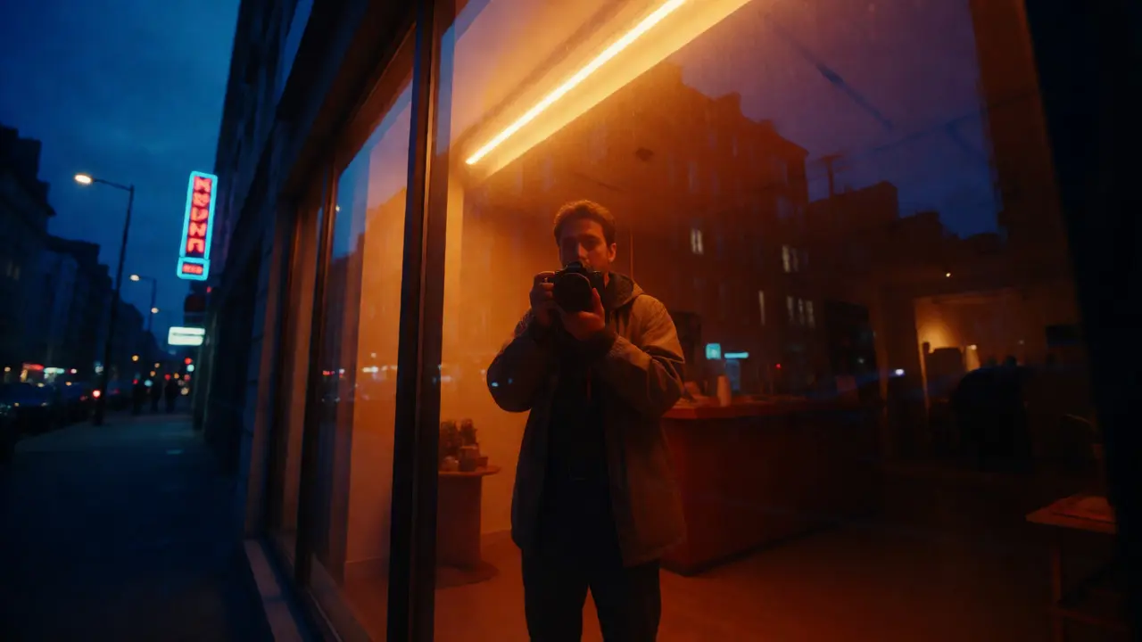 Photographer outside store window contrasting warm indoor and cool outdoor light