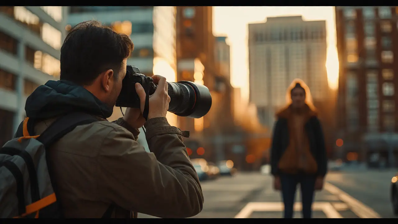 Photographer using a long telephoto lens from a distance to capture a portrait with compressed background elements.