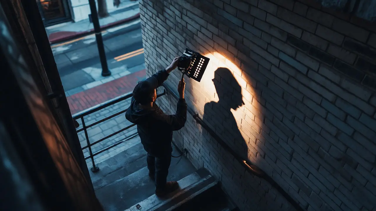 Photographer using a speedlight to create dramatic shadows on a subject