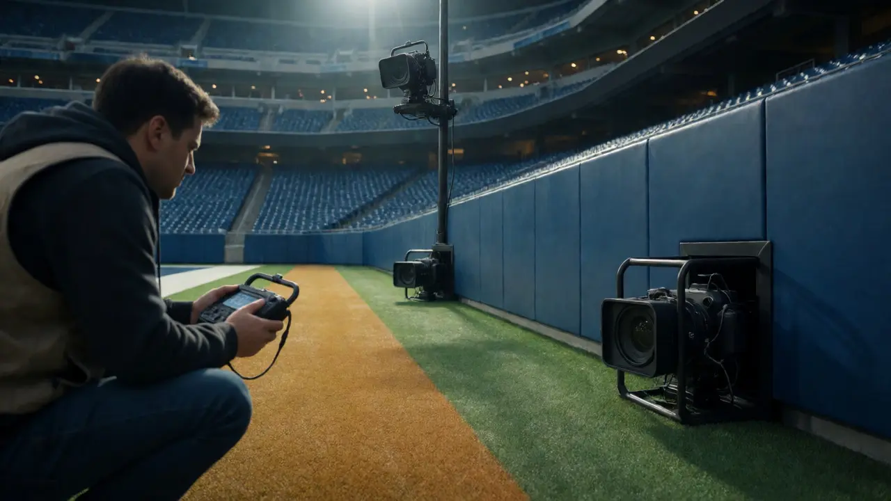 Photographer using a wireless transmitter to trigger multiple remote cameras positioned around a football field.