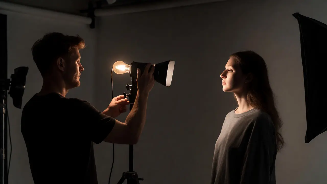 Photographer using bare bulb and snoot for hard light setup