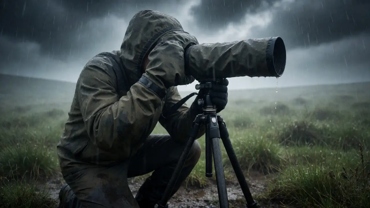 Photographer using rain cover on moor during heavy rain