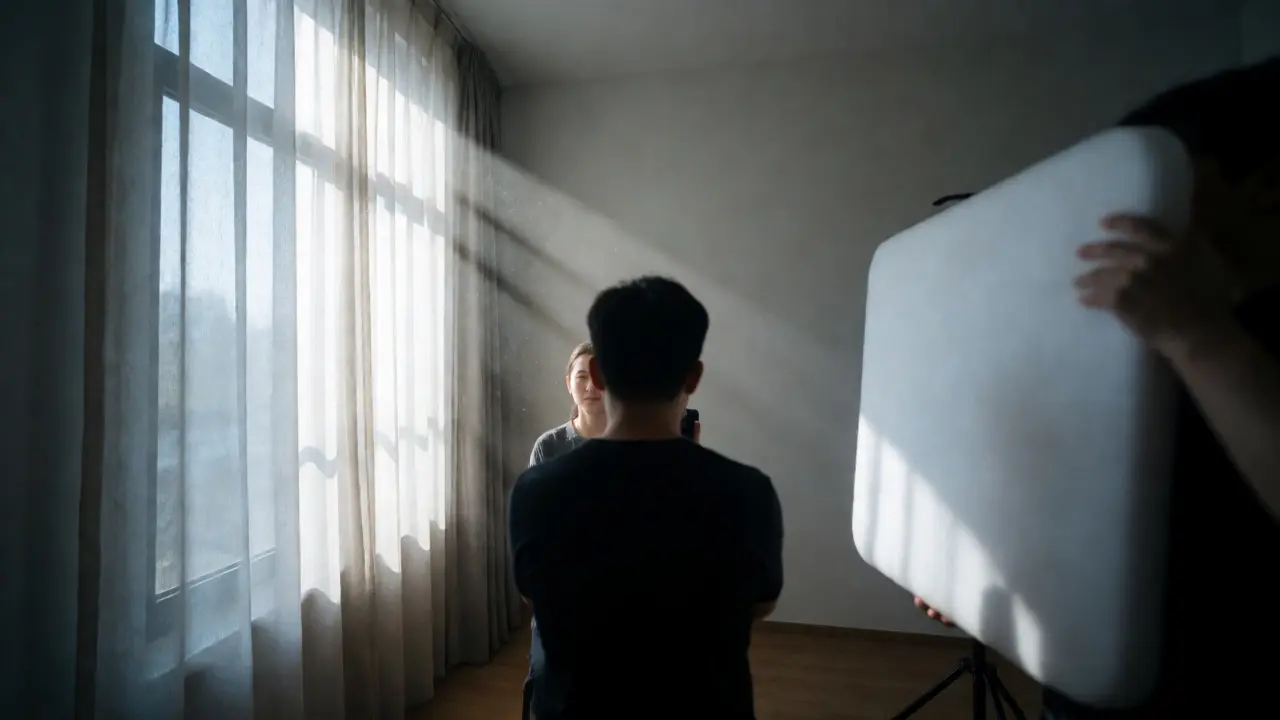 Portrait setup with a subject near a window and a white reflector board for fill.