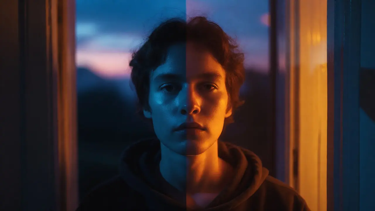 Portrait with split blue twilight and warm tungsten lighting