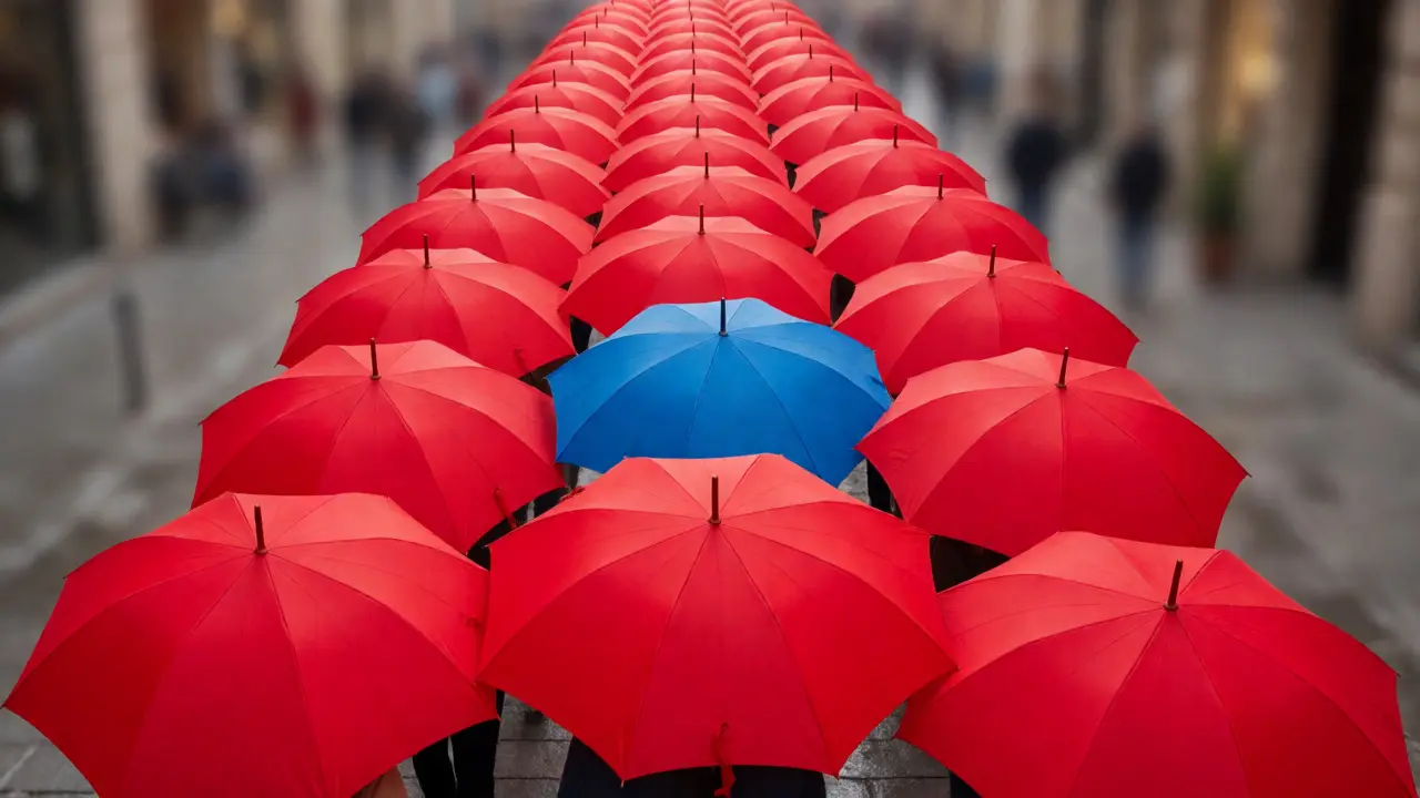 Row of red umbrellas with one blue umbrella disrupting the sequence