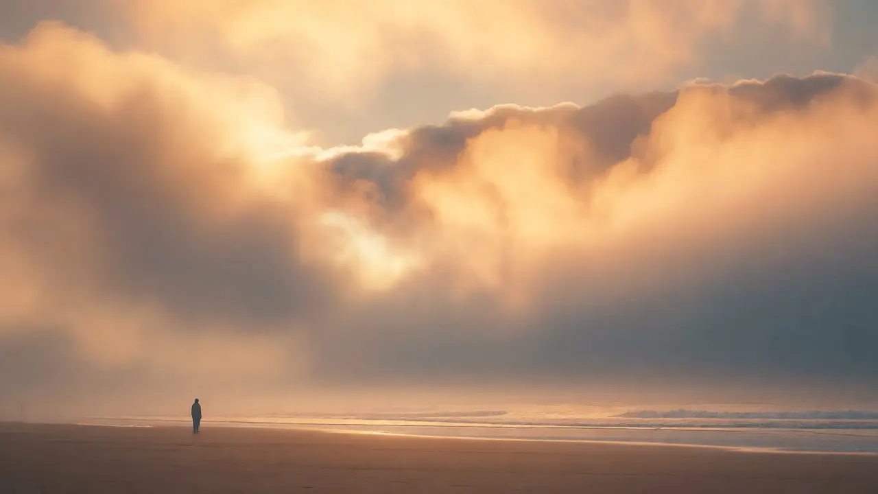 Serene figure bathed in soft, warm golden hour light on a quiet beach.