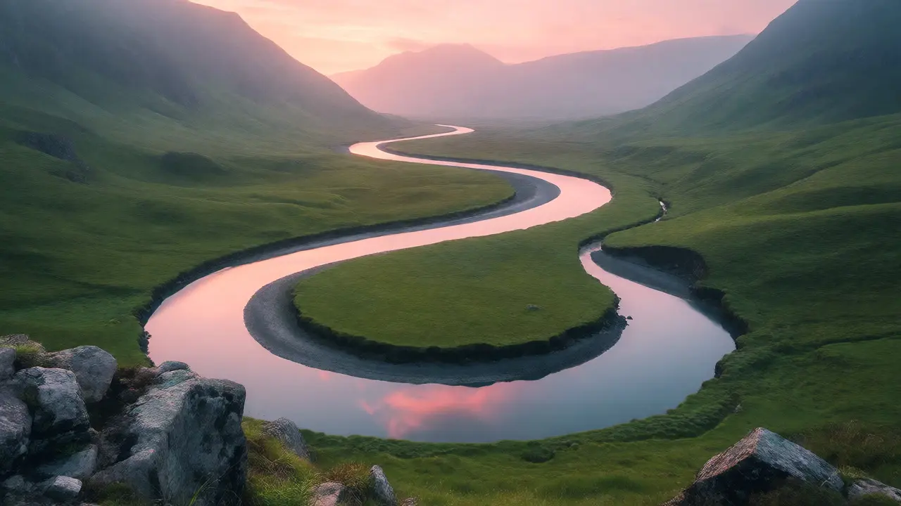 Serene river forming an S-curve through a valley
