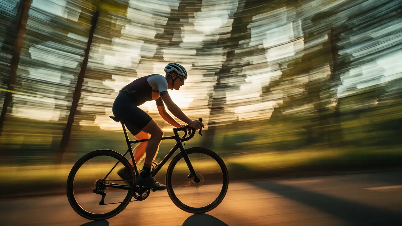 Sharp cyclist in motion against a horizontally blurred forest background.