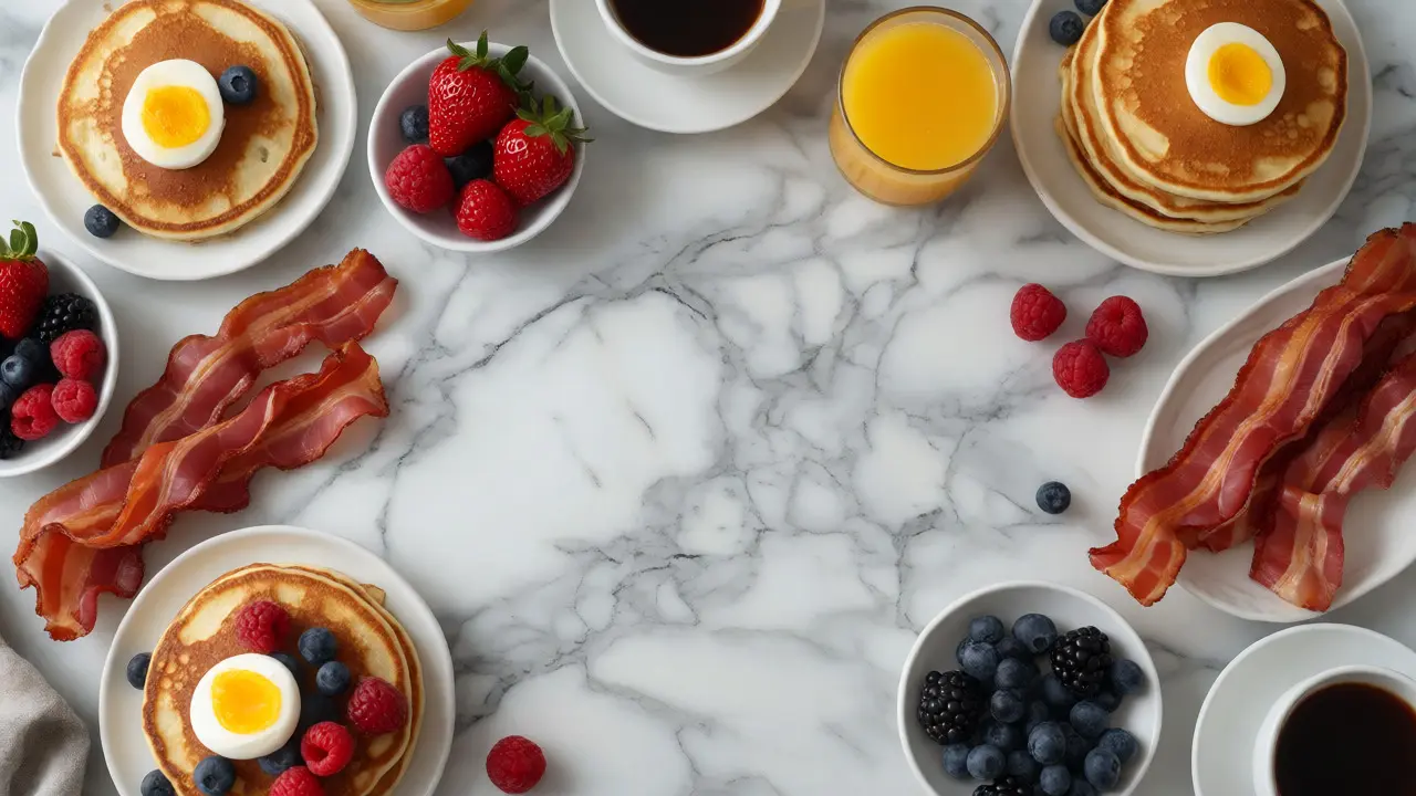 Sharp overhead view of a full brunch spread including pancakes and bacon.