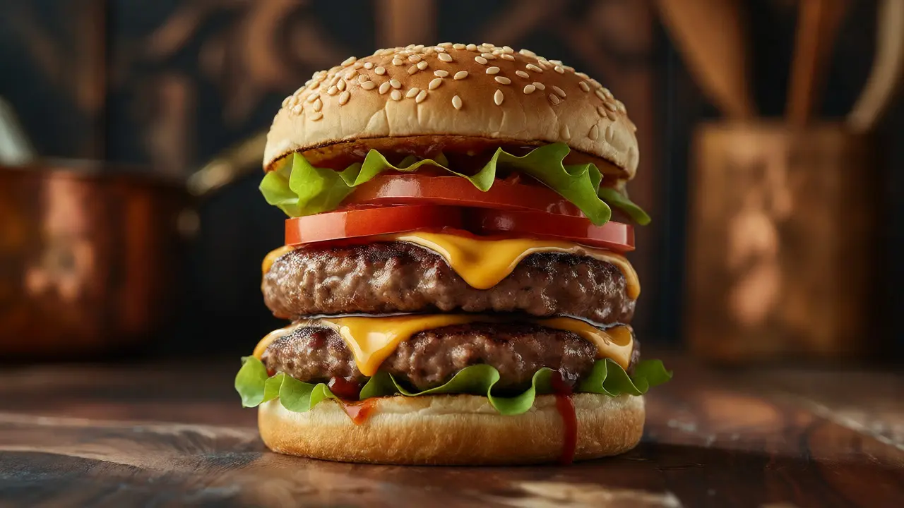 Side view of a layered burger with all ingredients in clear focus.